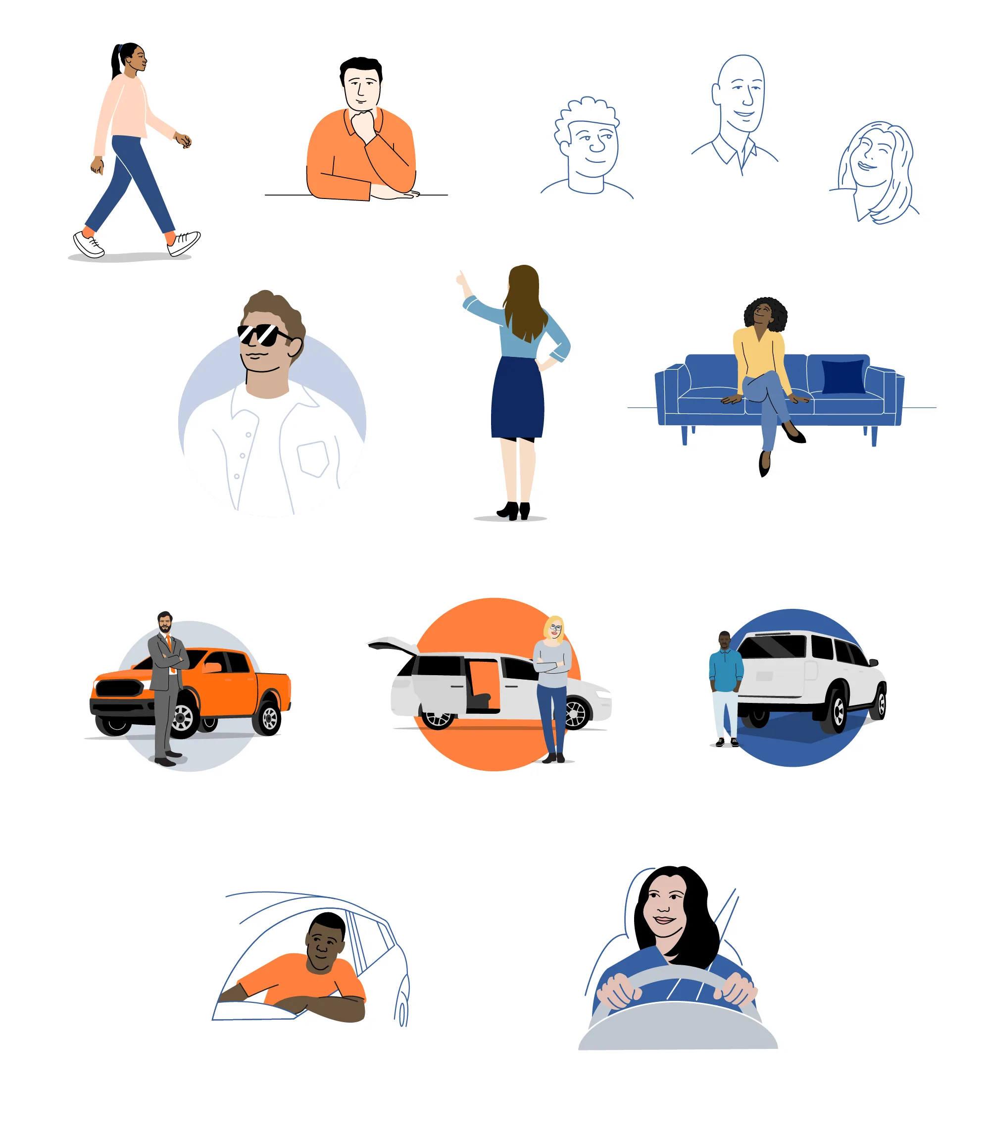 Diverse group of illustrated character designs for the Autotrader people library