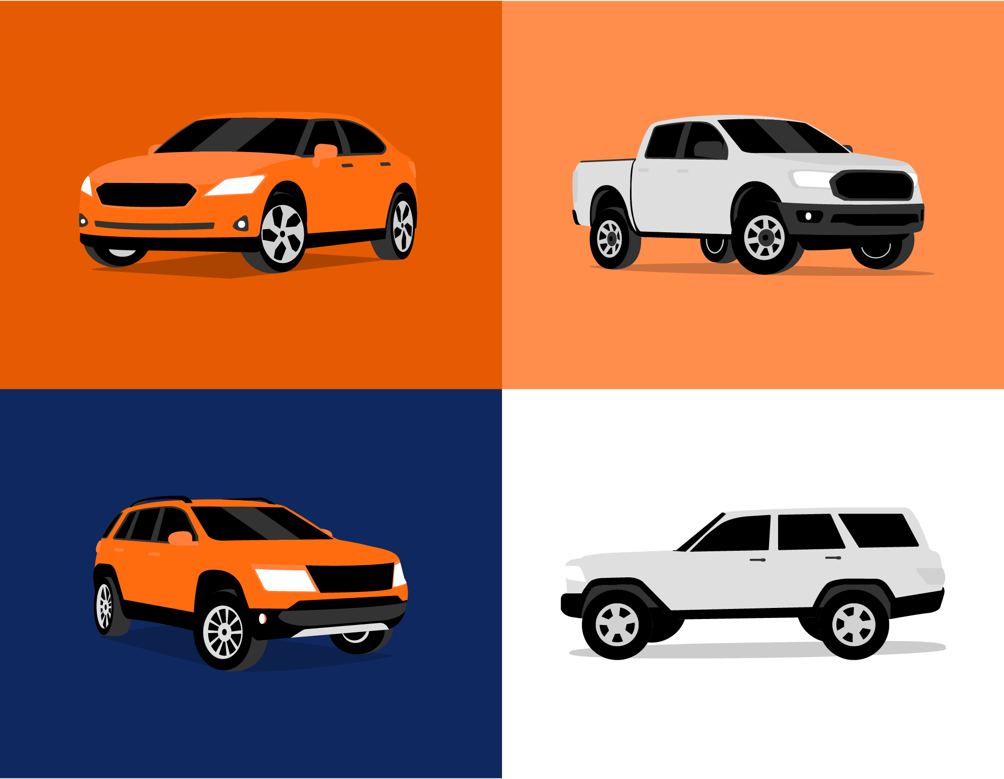 Four illustrated Autotrader vehicles shown in different color palette variations