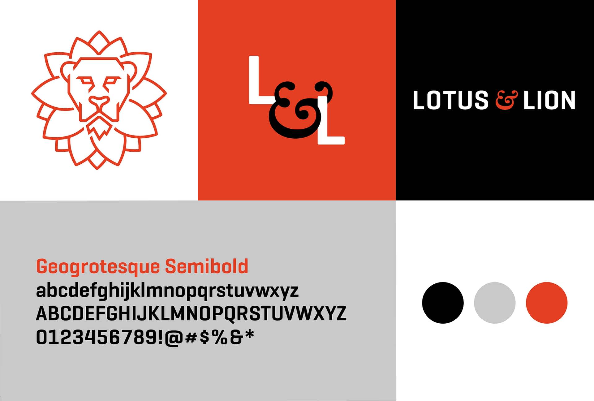 Lotus & Lion brand style guide with color palette, typography, and pattern