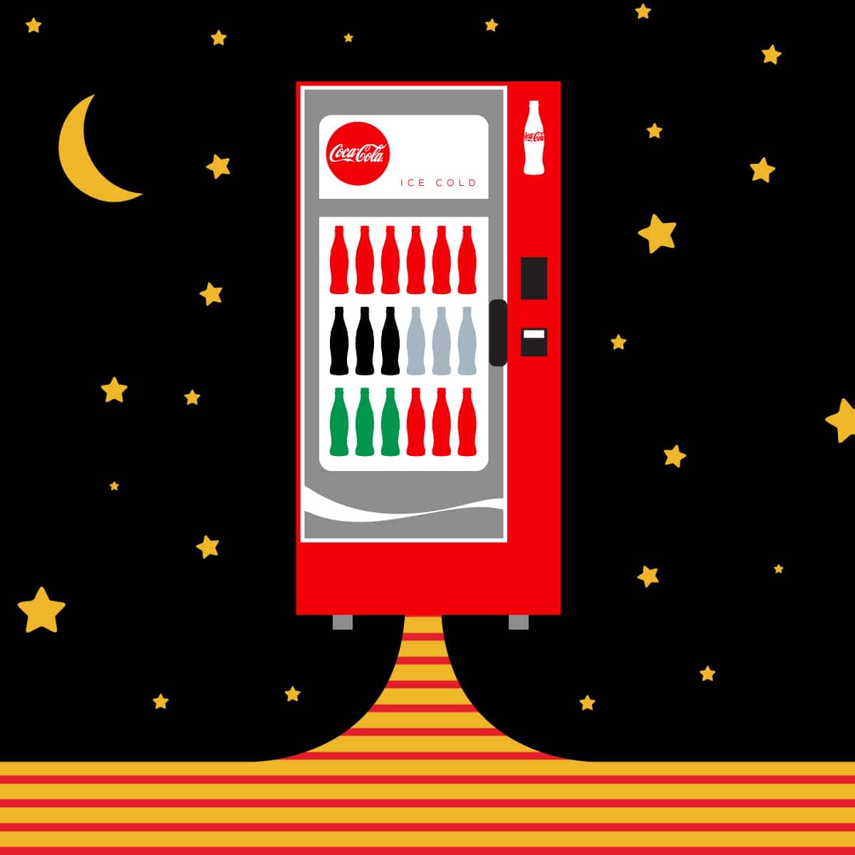 Illustrated Coca-Cola vending machine with bottles on a night sky background